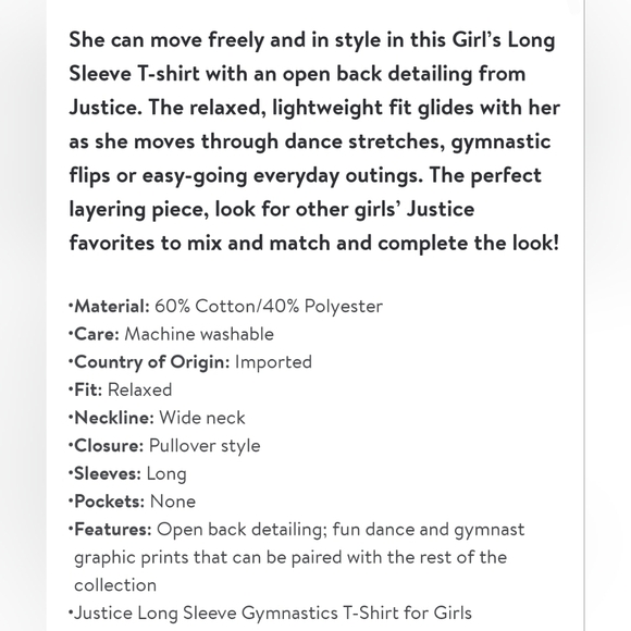 Justice Girls Long Sleeve Dance T-Shirt, Sizes XL(16-18) - Picture 7 of 9